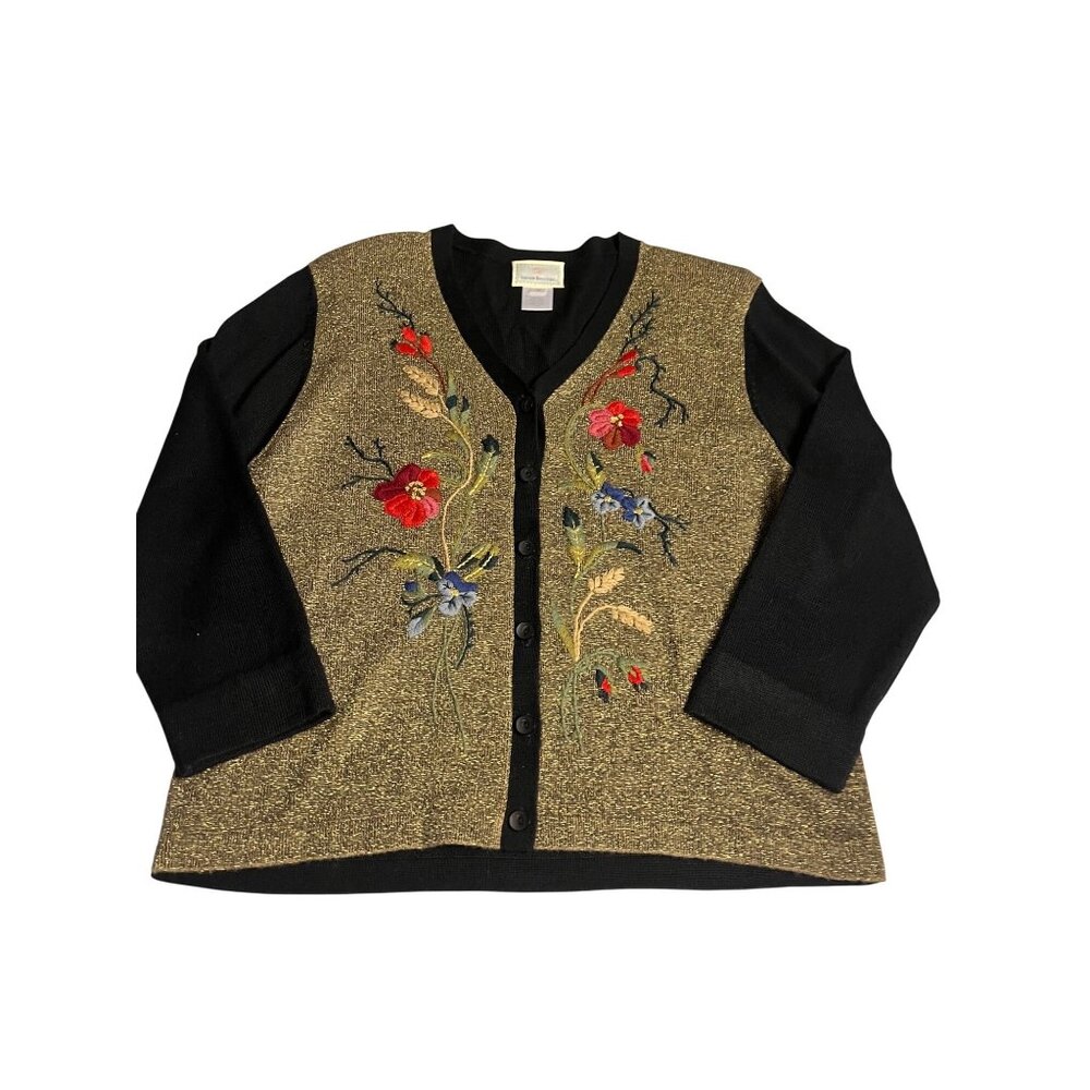 VTG Susan Bristol 1998 Floral Embroidered Black Gold Metallic Button Cardigan M